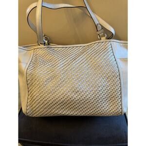 Coach Park Woven Leather Zip Top Tote, in White With Silver